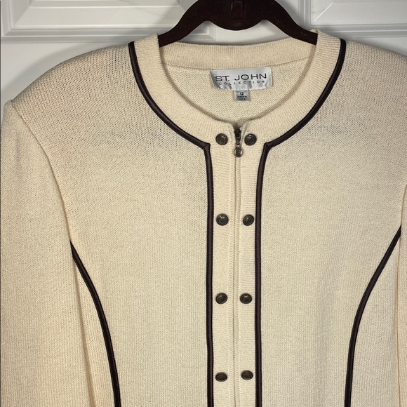 St. John Collection Zip Up Sweater Cardigan 12 Cream Santana Knit Brown Piping - Picture 3 of 13